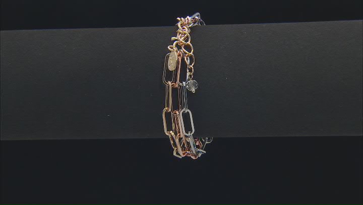 White Crystal Accent Tri-Color Tone Stainless Steel Paperclip Necklace & Bracelet Set Video Thumbnail