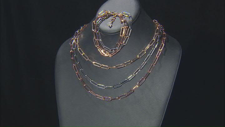 White Crystal Accent Tri-Color Tone Stainless Steel Paperclip Necklace & Bracelet Set Video Thumbnail