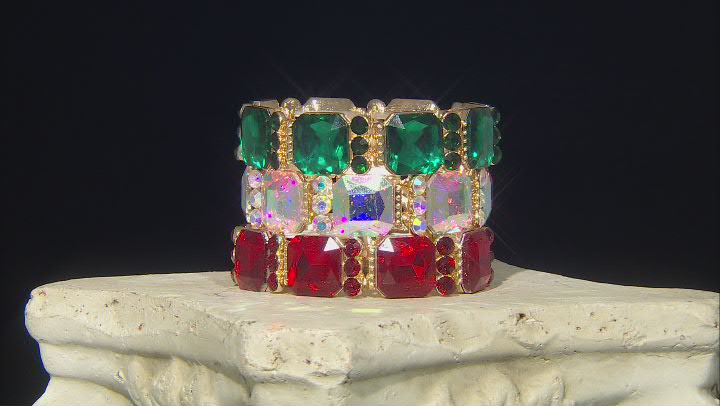 Multi-Color Crystal Gold Tone Set of 3 Stretch Bracelets Video Thumbnail