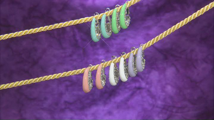 Crystal & Multi-Color Enamel Silver Tone Set of 5 Hoop Earrings Video Thumbnail
