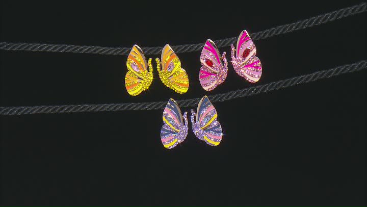 Set of 3 Crystal & Epoxy Gold Tone Butterfly Earrings Video Thumbnail