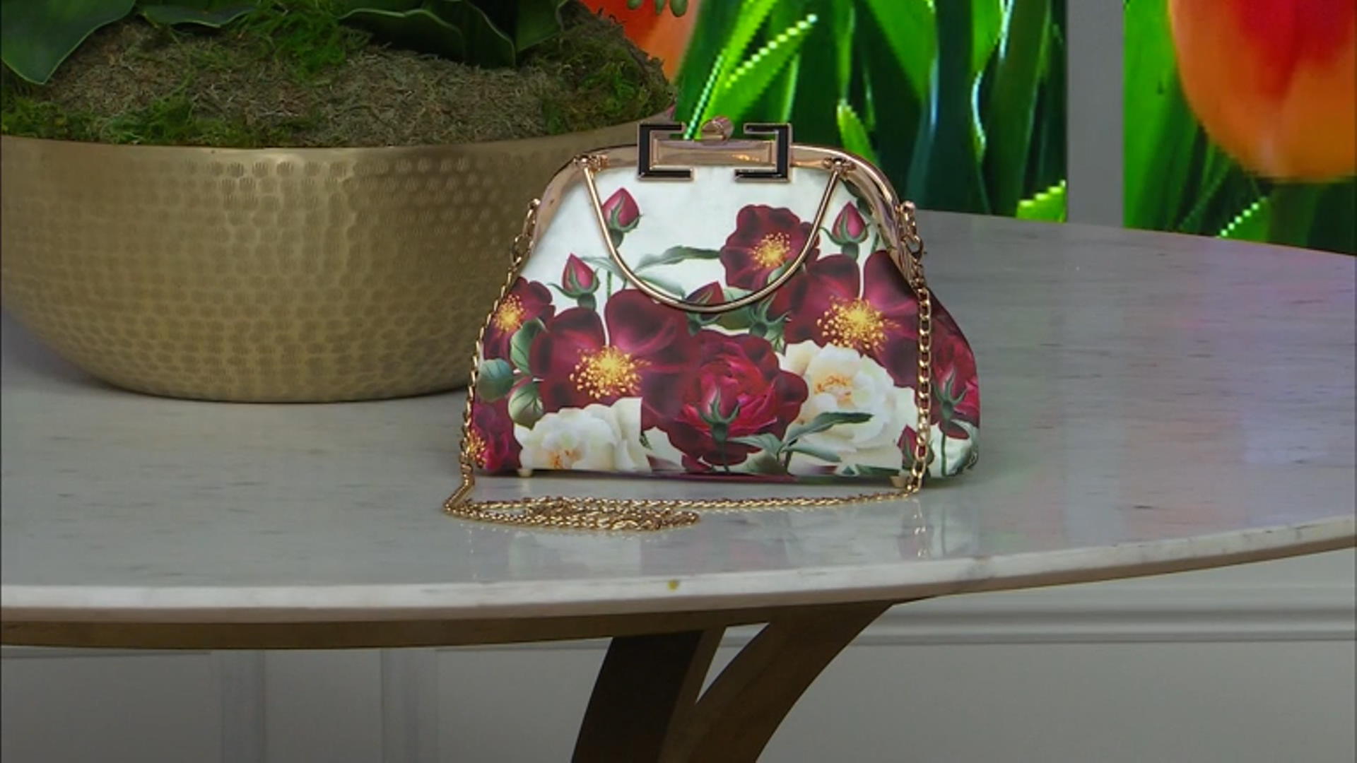 Gold Tone Red Floral Fabric Printed Cream Clutch Video Thumbnail