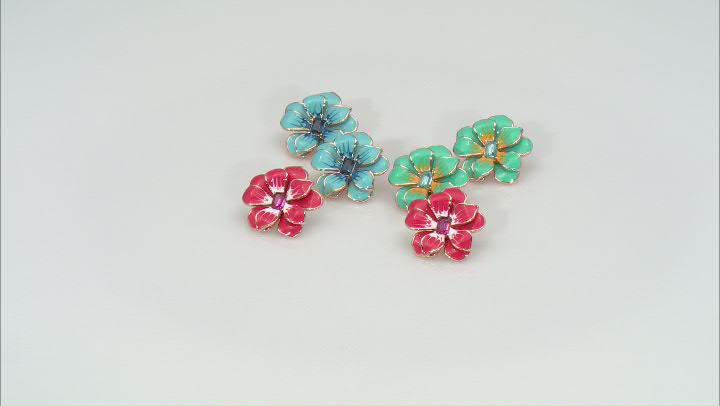 Multi-Color Crystal & Enamel Gold Tone Set of 3 Flower Stud Earrings Video Thumbnail