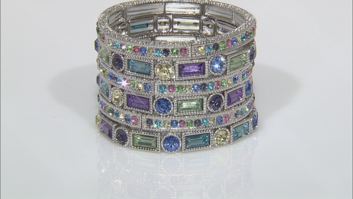 Multicolor Crystal Silver Tone Stretch Bracelet Set Of 6 Video Thumbnail