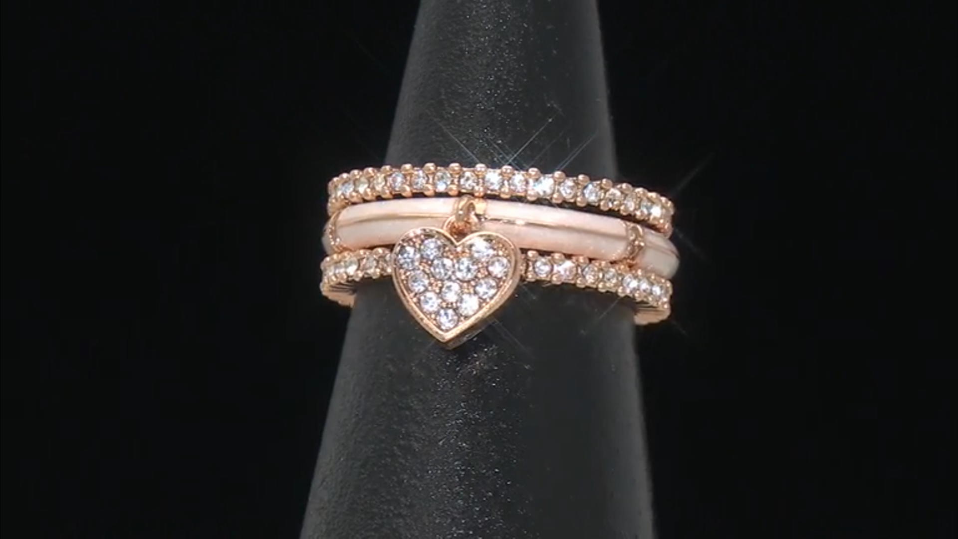 Crystal and White Enamel Heart Gold Tone Set of 3 Charm Ring Video Thumbnail