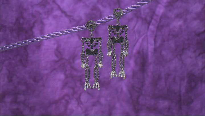 Hematine Color Jet Black & White Crystal Gunmetal Tone Skeleton Dangle Earrings Video Thumbnail