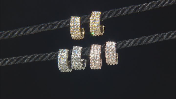White Glass Crystal Tri-Color Tone Pave Set of 3 J- Hoop Earrings Video Thumbnail