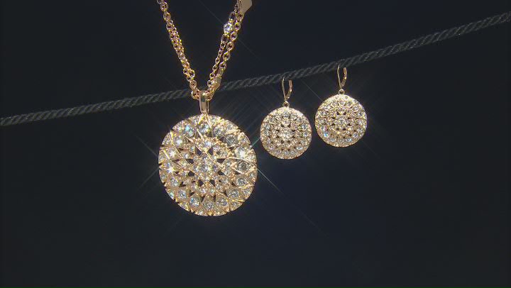 White Crystal Gold Tone Medallion Necklace & Earring Set Video Thumbnail