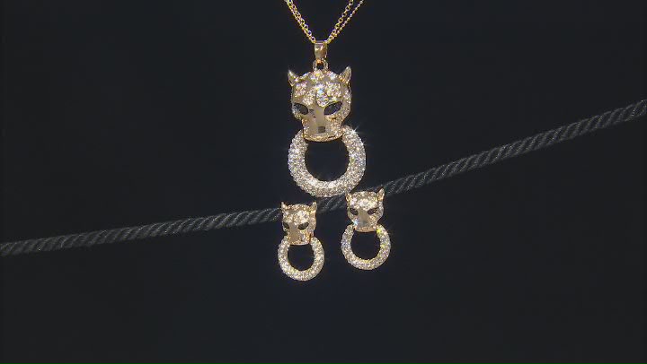 White and Black Crystal Gold Tone Panther Necklace & Earring Set Video Thumbnail