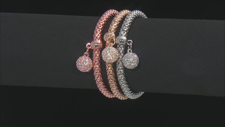 White Crystal Tri-Color Tone Set of 3 Stretch Charm Bracelet Video Thumbnail
