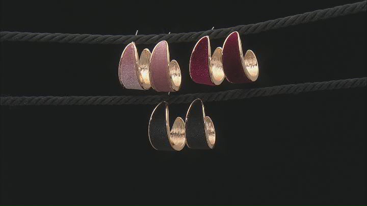 Pink, Burgundy & Black Velvet Gold Tone Set of 3 Hoop Earrings Video Thumbnail