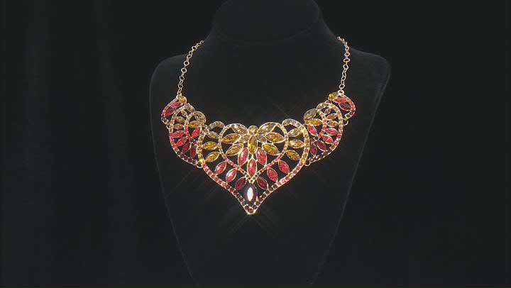 Red, Orange, & Pink Crystal Gold Tone Bib Necklace Video Thumbnail