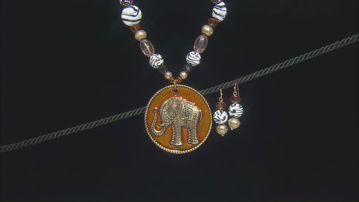 Crystal, Wood, & Acrylic Gold Tone Beaded Elephant Necklace & Earring Set Video Thumbnail