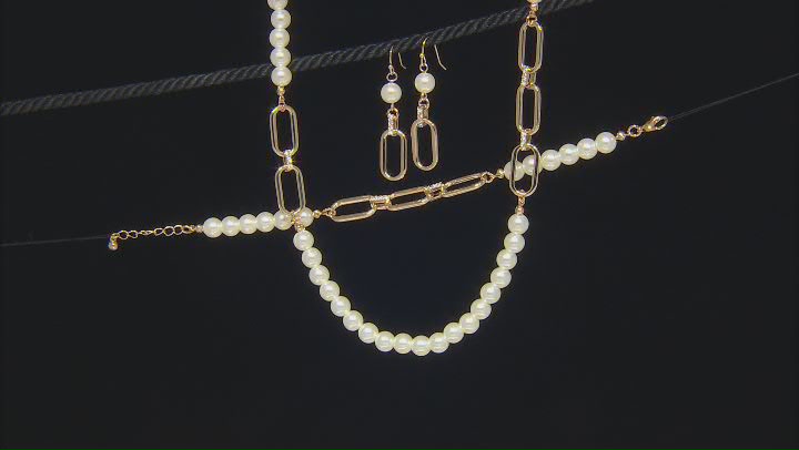 Pearl Simulant & White Crystal Gold Tone Necklace, Bracelet, & Earring Set Video Thumbnail