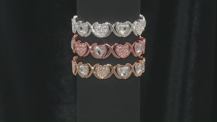White Crystal Tri- Tone Heart Stretch Bracelet Set of 3 Video Thumbnail