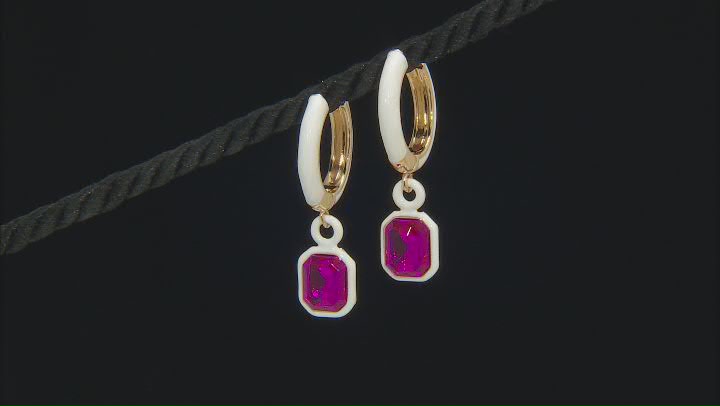 Fuchsia Color Glass & White Enamel Brass Charm Earrings Video Thumbnail