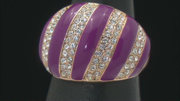 Purple Enamel & White Crystal Gold Tone Dome Ring Video Thumbnail