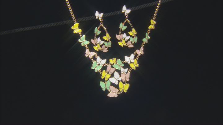 Multi-Color Enamel Gold Tone Butterfly Necklace & Earring Set Video Thumbnail