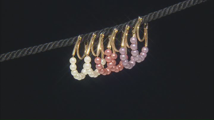 Pink, Cream, & Purple Pearl Simulant Gold Tone Set of 3 Earrings Video Thumbnail