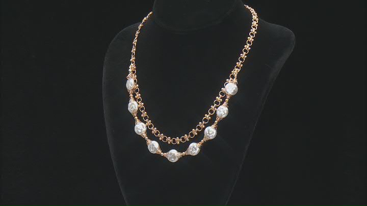 Cream Pearl Simulant Gold Tone Double Strand Station Necklace Video Thumbnail