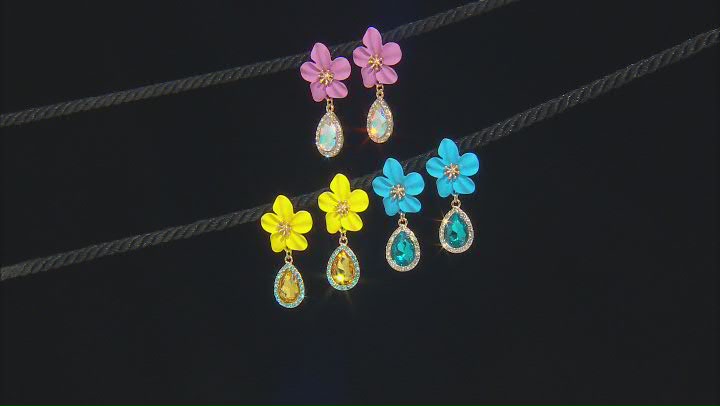 Multi-Color Epoxy & Crystal Gold Tone Flower Earring Set of 3 Video Thumbnail