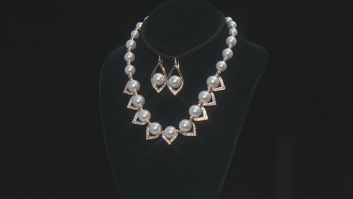 Pearl Simulant With Crystal Accent Gold Tone Necklace & Earring Set Video Thumbnail