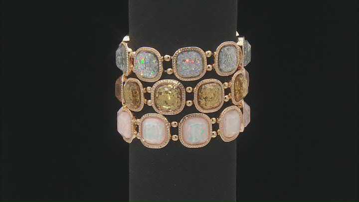 Glass Crystal With Multi-Color Glitter Gold Tone Set of 3 Stretch Bracelet Video Thumbnail