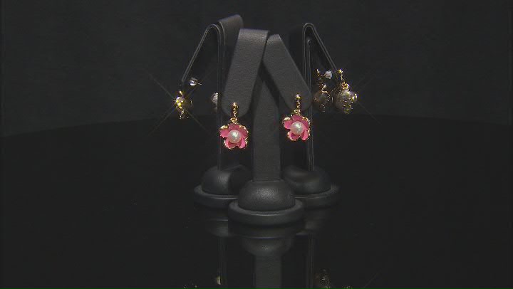 Multi-Color Enamel & Pearl Simulant Gold Tone Set of 3 Flower Earrings Video Thumbnail