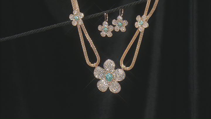 Pave White & Blue Crystal Gold Tone Flower Necklace & Earring Set Video Thumbnail