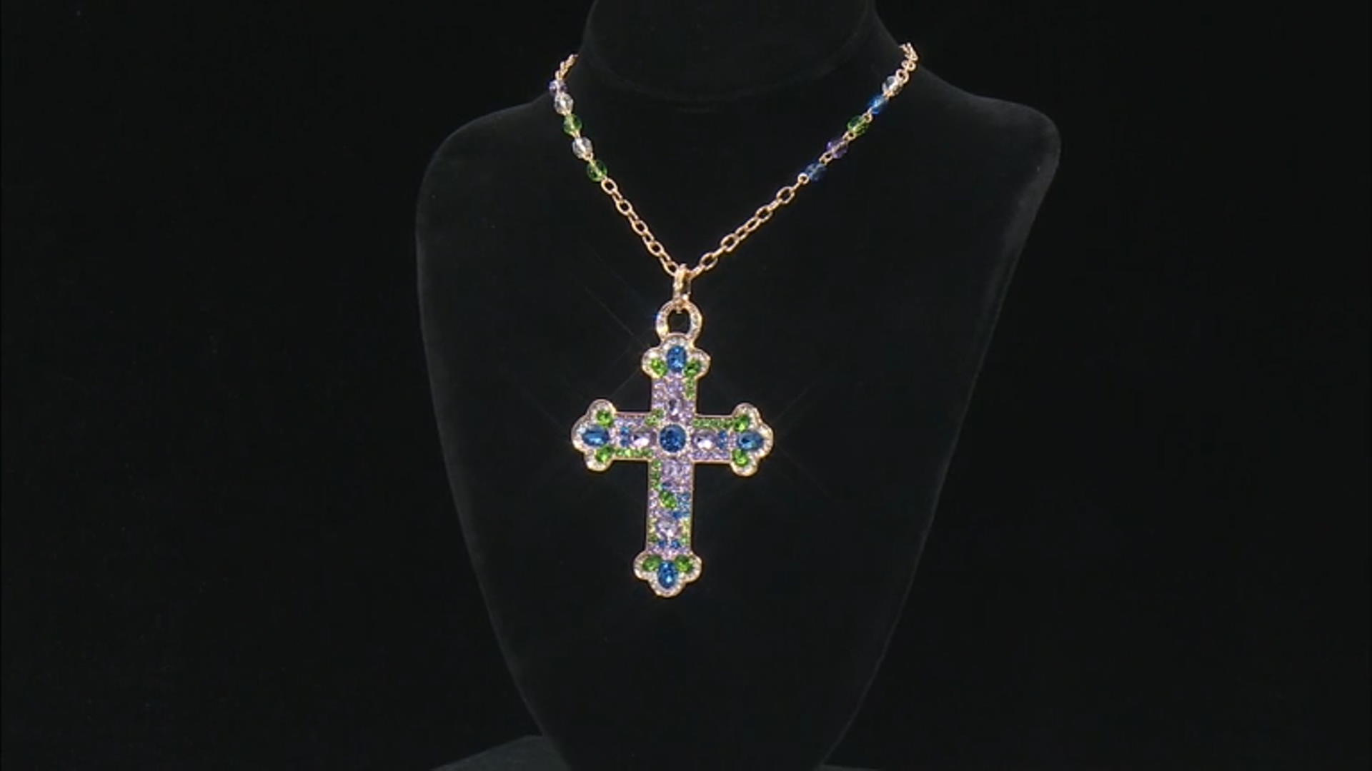 Multi-Color Glass Gold Tone Cross Pendant With Chain Video Thumbnail