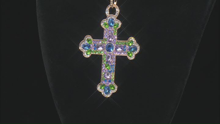 Multi-Color Glass Gold Tone Cross Pendant With Chain Video Thumbnail