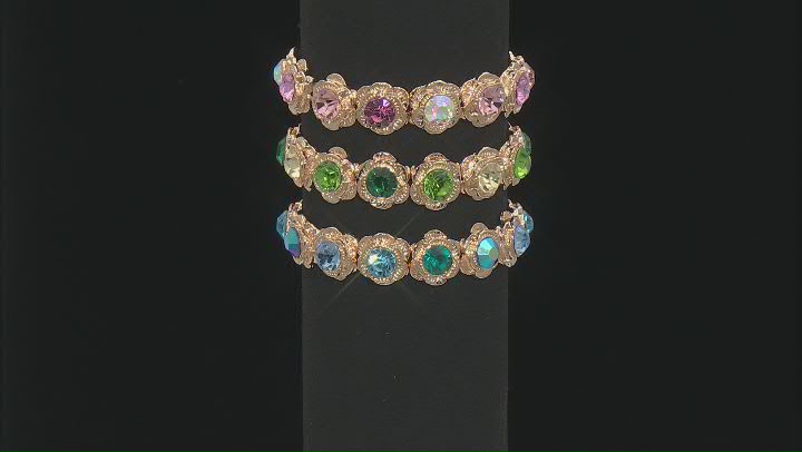 Multi-Color Crystal Gold Tone Set of 3 Floral Bracelet Video Thumbnail