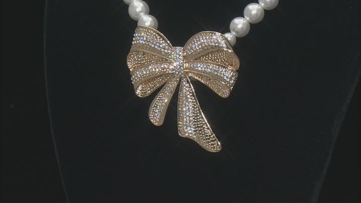 10mm Pearl Simulant & Crystal Gold Tone Necklace with Removable Bow Brooch Video Thumbnail