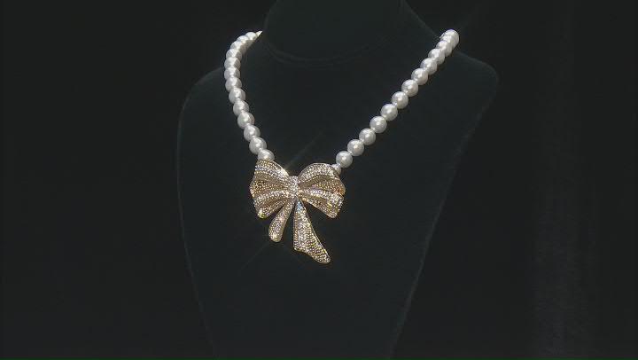 10mm Pearl Simulant & Crystal Gold Tone Necklace with Removable Bow Brooch Video Thumbnail