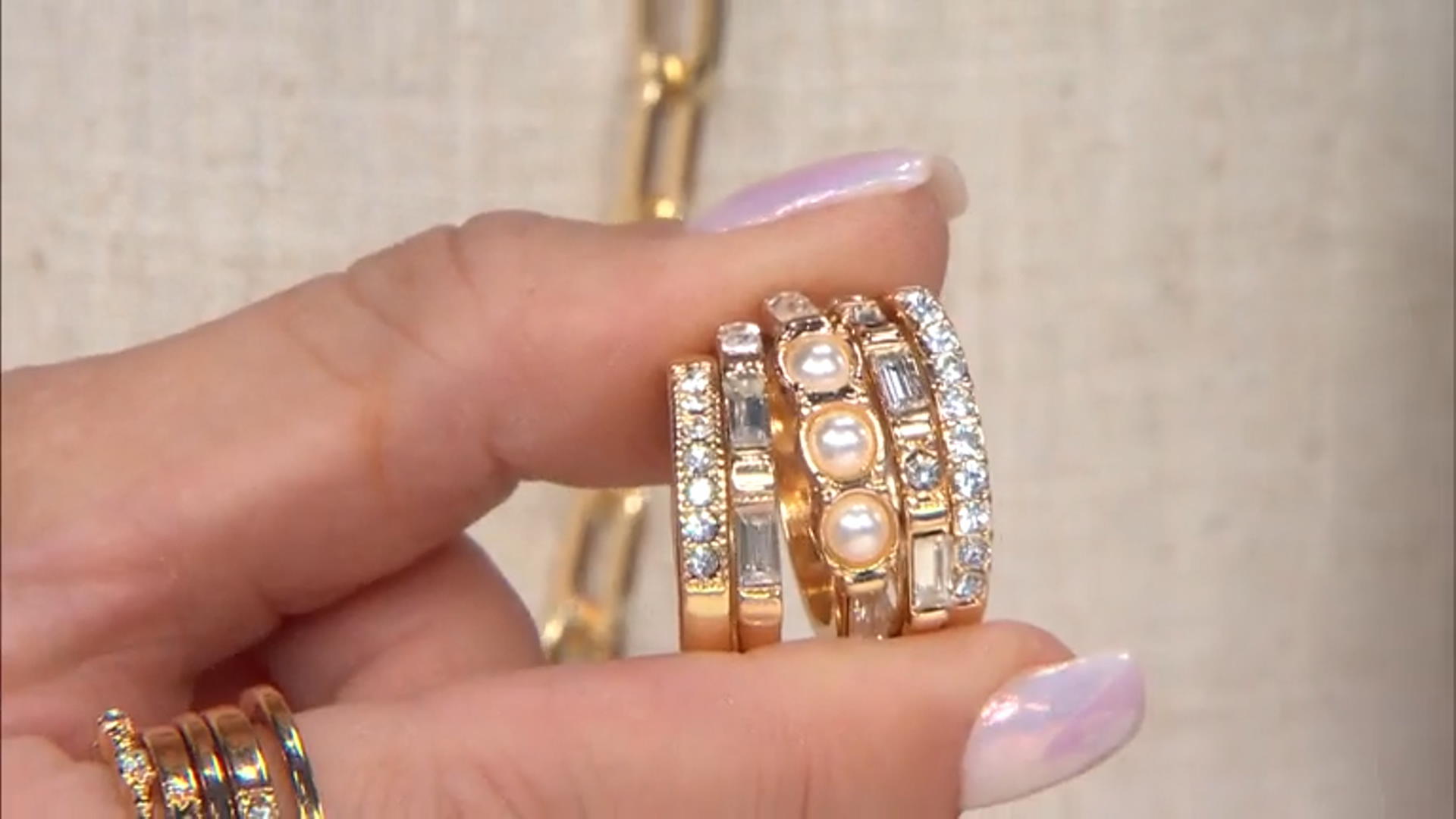 Pearl Simulant & White Crystal Gold Tone Set of 5 Rings Video Thumbnail