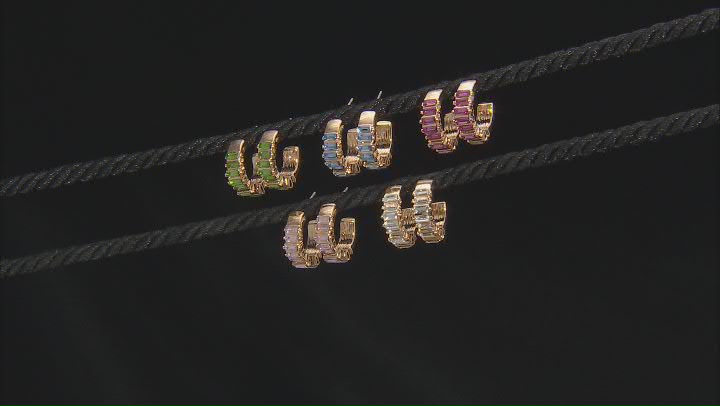 Baguette Multi-Color Crystal Gold Tone Hoop Earrings Set of 5 Video Thumbnail