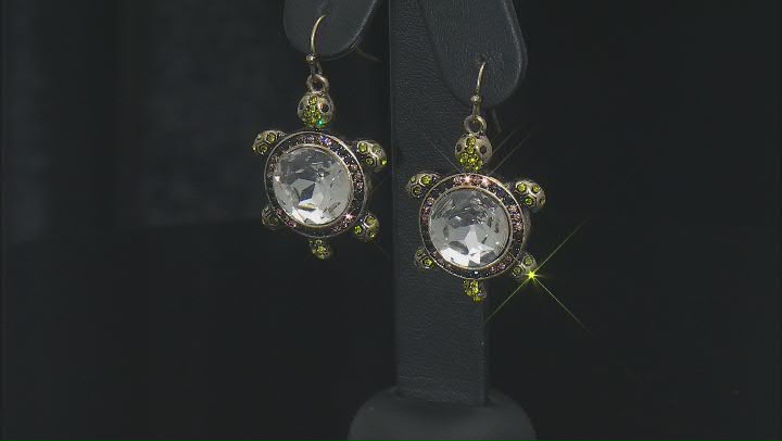 Multi-Color Crystal Antiqued Gold Tone Turtle Earrings Video Thumbnail