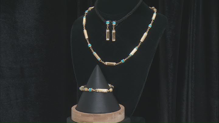 Turquoise Color Enamel & White Crystal Gold Tone Necklace, Bracelet & Earring Set Video Thumbnail