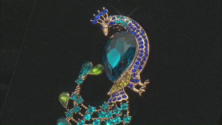 Multi-Color Crystal Gold Tone Peacock Brooch Video Thumbnail