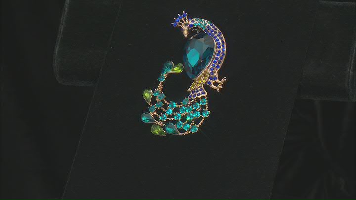 Multi-Color Crystal Gold Tone Peacock Brooch Video Thumbnail