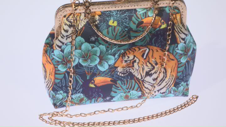 Gold Tone Tiger Fabric Print Clutch Video Thumbnail