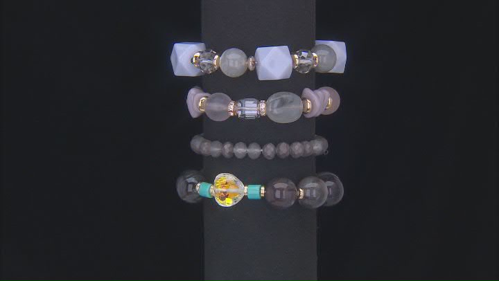 Multi-Color Resin & White Crystal Gold Tone Set of 4 Stretch Bead Bracelets Video Thumbnail