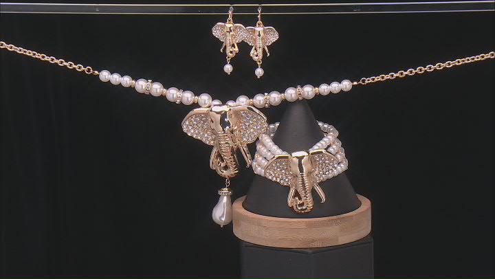 Pearl Simulant & White Crystal Elephant Necklace, Bracelet, & Earring Set Video Thumbnail