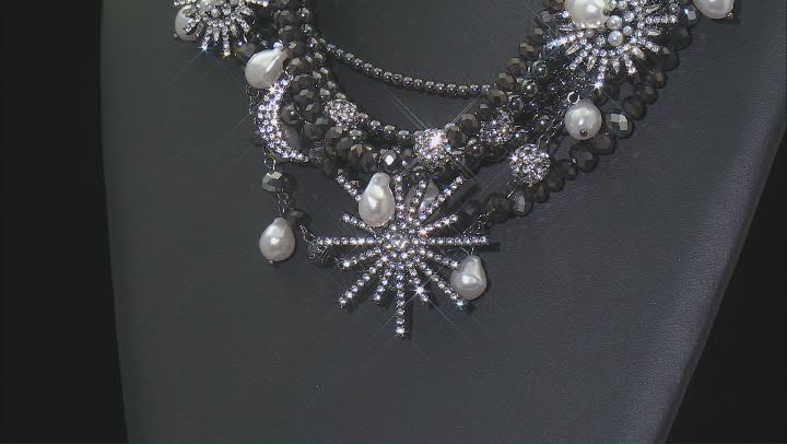 Crystal & Pearl Simulant Hematine Tone Celestial Necklace Video Thumbnail