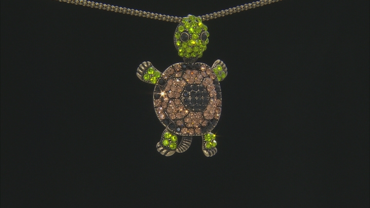 Multicolor Crystal Antiqued Gold Tone Moving Turtle Pendant With Chain Video Thumbnail