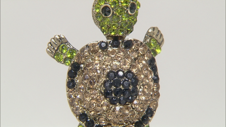 Multicolor Crystal Antiqued Gold Tone Moving Turtle Pendant With Chain Video Thumbnail