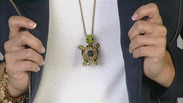 Multicolor Crystal Antiqued Gold Tone Moving Turtle Pendant With Chain Video Thumbnail