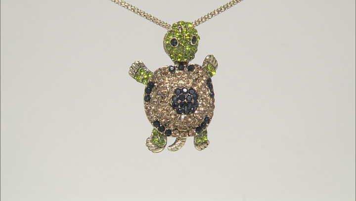 Multicolor Crystal Antiqued Gold Tone Moving Turtle Pendant With Chain Video Thumbnail