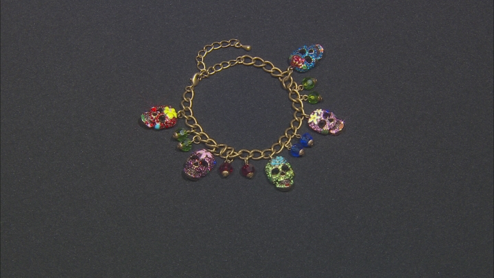 Multi Color Crystal Antiqued Gold Tone Day of the Dead Charm Bracelet Video Thumbnail