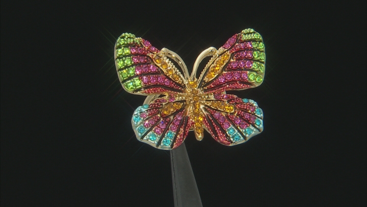 Multicolor Crystal Gold Tone Butterfly Statement Ring Video Thumbnail